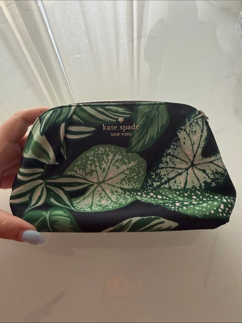 kate spade New York Black Cosmetic Pouch with Green Leaf Print